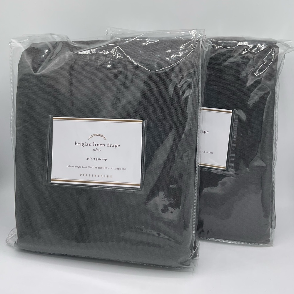 NEW! Pottery Barn *Belgian Linen* 3-in-1 Drapes~50”x96”~Charcoal~Set of TWO!